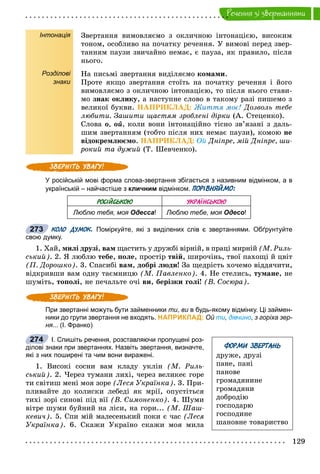 129
Ðå÷åííÿ çi çâåðòàííÿìè
Інтонація
Розділові
знаки
Çâåðòàííÿ âèìîâëÿєìî ç îêëè÷íîþ іíòîíàöієþ, âèñîêèì
òîíîì, îñîáëèâî íà ïî÷àòêó ðå÷åííÿ. Ó âèìîâі ïåðåä çâåð-
òàííÿì ïàóçè çâè÷àéíî íåìàє, є ïàóçà, ÿê ïðàâèëî, ïіñëÿ
íüîãî.
Íà ïèñüìі çâåðòàííÿ âèäіëÿєìî êîìàìè.
Ïðîòå ÿêùî çâåðòàííÿ ñòîїòü íà ïî÷àòêó ðå÷åííÿ і éîãî
âèìîâëÿєìî ç îêëè÷íîþ іíòîíàöієþ, òî ïіñëÿ íüîãî ñòàâè-
ìî çíàê îêëèêó, à íàñòóïíå ñëîâî â òàêîìó ðàçі ïèøåìî ç
âåëèêîї áóêâè. ÍÀÏÐÈÊËÀÄ: Æèòòÿ ìîє! Äîçâîëü òåáå
ëþáèòè. Çàøèòè ùàñòÿì çðîáëåíі äіðêè (À. Ñòåöåíêî).
Ñëîâà î, îé, êîëè âîíè іíòîíàöіéíî òіñíî çâ’ÿçàíі ç äàëü-
øèì çâåðòàííÿì (òîáòî ïіñëÿ íèõ íåìàє ïàóçè), êîìîþ íå
âіäîêðåìëþєìî. ÍÀÏÐÈÊËÀÄ: Îé Äíіïðå, ìіé Äíіïðå, øè-
ðîêèé òà äóæèé (Ò. Øåâ÷åíêî).
У російській мові форма слова-звертання збігається з називним відмінком, а в
українській – найчастіше з кличним відмінком. ПОРІВНЯЙМО:
РОСІЙСЬКОЮ УКРАЇНСЬКОЮ
Люблю тебя, моя Одесса! Люблю тебе, моя Одесо!
КОЛО ДУМОК. Поміркуйте, які з виділених слів є звертаннями. Обґрунтуйте
свою думку.
1. Õàé, ìèëі äðóçі, âàì ùàñòèòü ó äðóæáі âіðíіé, â ïðàöі ìèðíіé (Ì. Ðèëü-
ñüêèé). 2. ß ëþáëþ òåáå, ïîëå, ïðîñòіð òâіé, øèðî÷іíü, òâîї ïàõîùі é öâіò
(Ï. Äîðîøêî). 3. Ñïàñèáі âàì, äîáðі ëþäè! Çà ùåäðіñòü õî÷åìî âіääÿ÷èòè,
âіäêðèâøè âàì îäíó òàєìíèöþ (Ì. Ïàâëåíêî). 4. Íå ñòåëèñü, òóìàíå, íå
øóìіòü, òîïîëі, íå ïå÷àëüòå î÷і âè, áåðіçêè ãîëі! (Â. Ñîñþðà).
При звертанні можуть бути займенники ти, ви в будь-якому відмінку. Ці займен-и
ники до групи звертання не входять. НАПРИКЛАД: Ой ти, дівчино, з горіха зер-
ня... (І. Франко)
І. Спишіть речення, розставляючи пропущені роз-
ділові знаки при звертаннях. Назвіть звертання, визначте,
які з них поширені та чим вони виражені.
1. Âèñîêі ñîñíè âàì êëàäó óêëіí (Ì. Ðèëü-
ñüêèé). 2. ×åðåç òóìàíè ëèõі, ÷åðåç âåëèêåє ãîðå
òè ñâіòèø ìåíі ìîÿ çîðå (Ëåñÿ Óêðàїíêà). 3. Ïðè-
ïëèâàéòå äî êîëèñêè ëåáåäі ÿê ìðії, îïóñòіòüñÿ
òèõі çîðі ñèíîâі ïіä âії (Â. Ñèìîíåíêî). 4. Øóìè
âіòðå øóìè áóéíèé íà ëіñè, íà ãîðè... (Ì. Øàø-
êåâè÷). 5. Ñïè ìіé ìàëåñåíüêèé ïîêè є ÷àñ (Ëåñÿ
Óêðàїíêà). 6. Ñêàæè Óêðàїíî ñêàæè ìîÿ ìèëà
273
ФОРМИ ЗВЕРТАНЬ
äðóæå, äðóçі
ïàíå, ïàíі
ïàíîâå
ãðîìàäÿíèíå
ãðîìàäÿíè
äîáðîäіþ
ãîñïîäàðþ
ãîñïîäèíå
øàíîâíå òîâàðèñòâî
274
 