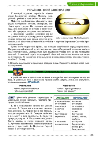 135
Ðå÷åííÿ çi çâåðòàííÿìè
ÓÊÐÀЇÍÅÖÜ, ßÊÈÉ ÇÄÈÂÓÂÀÂ ÑÂІÒ
Ó êîãîðòі âіäîìèõ óêðàїíöіâ ÷іëüíå
ìіñöå áåçïåðå÷íî ïîñіäàє Ìèêîëà Ñÿä-
ðèñòèé, ðîáîòè ÿêîãî îá’їõàëè âåñü ñâіò.
Ìàéñòðà çäåáіëüøîãî öіêàâëÿòü ïðè-
ðîäíі ìàòåðіàëè: ìåòàëè, ìіíåðàëè, íà-
ñіííÿ òðàâ і äåðåâ. Çà ñëîâàìè óìіëüöÿ
áóäü-ÿêà íàñіíèíà ïî-ïåðøå є äóæå ãàð-
íîþ âіä ïðèðîäè ïî-äðóãå äîâãîâі÷íîþ.
Ç ïîëîâèíè ìàêîâîї çåðíèíè ÿê öå
íå äèâíî ìàåñòðî ïðèìóäðèâñÿ çðîáèòè
÷óäîâå ãíіçäå÷êî äëÿ òðüîõ çîëîòèõ ïòà-
øåíÿò, à çі øìàòî÷êà âèøíåâîї êіñòî÷êè – ïîðòðåò-áàðåëüєô Ñîëîìії Êðó-
øåëüíèöüêîї.
Äåÿêі éîãî òâîðè òàêі äðіáíі, ùî ìîæóòü çàãóáèòèñÿ ñåðåä ïîðîøèíîê.
Íàïðèêëàä íàéìåíøèé ó ñâіòі ãîäèííèê, ÿêîãî Ñÿäðèñòèé ïîñòàâèâ çàìіñòü
îêà çîëîòіé áàáöі. Ñêëàäàєòüñÿ öåé ãîäèííèê óÿâіòü ñîáі çі ñòà òðèäöÿòè
äåòàëåé. À çîëîòèé ñåðâіç íà öóêðîâіé ïіùèíöі íàâіòü íå ìîæíà ïîêëàñòè
íà õóñòèíêó, áî êàâíè÷îê і áîêàëü÷èêè ïðîâàëÿòüñÿ êðіçü âîëîêíà òêàíè-
íè (Çà Î. Ëàíü).
ІІ. Спишіть, розставляючи пропущені розділові знаки. Підкресліть вставні слова (сло-
восполучення).
У російській мові в деяких синтаксичних конструкціях використовуємо частку не-
бось. В українській мові її замінюємо прислівниками мабуть, певно, які виступають
вставними словами. ПОРІВНЯЙМО:
Російською Українською
Небось сорвал все яблоки. Мабуть, зірвав усі яблука.
Небось уже замёрз? Певно, уже замерз?
Прочитайте речення. Перекладіть їх
українською мовою і запишіть. Розставте про-
пущені розділові знаки.
1. ß ê ñîæàëåíèþ íè÷åãî íå óñïåëà
ñäåëàòü. 2. ×åðåç ÷àñ ê ñ÷àñòüþ ïîêàçà-
ëàñü äåðåâíÿ. 3. Óâåðÿþ âàñ ÿ âñё ñäåëàþ,
êàê äîãîâàðèâàëèñü. 3. Ñåãîäíÿ ïîéìèòå
ÿ íå ñìîãó ê âàì ïðèåõàòü. 4. Êàæåòñÿ
ïðèðîäà óñíóëà. 5. Ïî ñëîâàì ìëàäøåãî
áðàòà çàâòðà â ãîðîä ïðèåäåò öèðê.
6. Àðòèñòû íåñîìíåííî èìåëè îãðîìíûé
óñïåõ ó çðèòåëåé. 7. Âåðîÿòíî Ñåðãåé
çàáûë î äîãîâîðёííîñòè.
РОСІЙСЬКОЮ УКРАЇНСЬКОЮ
ê ñîæàëåíèþ
âî-ïåðâûõ
ïî ñëîâàì
êîíå÷íî
èòàê
áåçóñëîâíî
âåðîÿòíî
ê ñ÷àñòüþ
íåñîìíåííî
íà æàëü
ïî-ïåðøå
çà ñëîâàìè
çâè÷àéíî
îòæå
áåçóìîâíî
ïåâíî, ïåâíå,
ìàáóòü
íà ùàñòÿ
áåçïåðå÷íî,
ïåâíà ðі÷,
áåçñóìíіâíî
294
Ðîáîòà-ìіíіàòþðà Ì. Ñÿäðèñòîãî
 