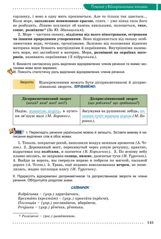 145
Ðå÷åííÿ ç âiäîêðåìëåíèìè ÷ëåíàìè
ãîðëÿíêó, і âîíî â îäíó ìèòü ïðîêèíåòüñÿ. Àëå òî òіëüêè òàê çäàєòüñÿ...
Êîëè ìîðå, çàêîëèñàíå íåâèìîâíîþ êðàñîþ, ñïèòü – óæå íіÿêà ñèëà éîãî
íå ðîçáóäèòü. Ëіíèâî ïîõëþïóє îá êàìіíü õâèëüêàìè, ïîëîùåòüñÿ, òèõå,
ñîííå, ðîçíіæåíå* (Çà Þ. Çáàíàöüêèì).
2. Ìîðå – ÷àñòèíà îêåàíó, âіääіëåíà âіä íüîãî ïіâîñòðîâàìè, îñòðîâàìè
÷è іíøèìè ïðèðîäíèìè óòâîðåííÿìè. Âîíî âіäðіçíÿєòüñÿ âіä îêåàíó îñîá-
ëèâîñòÿìè âîäè, òå÷іÿìè, îðãàíіçìàìè. Çàëåæíî âіä ïîëîæåííÿ âіäíîñíî
ìàòåðèêà ìîðÿ áóâàþòü âíóòðіøíіìè é îêðàїííèìè. Âíóòðіøíіìè íàçèâà-
þòü ìîðÿ, ÿêі çàãëèáëåíі â ìàòåðèê. Ìîðÿ, ðîçìіùåíі íà îêðàїíàõ ìàòå-
ðèêіâ, íàçèâàþòü îêðàїííèìè (Ç ïіäðó÷íèêà).
ІІ. Визначте синтаксичну роль виділених відокремлених членів речення та якими час-
тинами мови вони виражені.
ІІІ. Поясніть стилістичну роль виділених відокремлених членів речення.
Звороти Âіäîêðåìëåíèìè ìîæóòü áóòè äієïðèêìåòíèêîâі é äієïðèñ-
ëіâíèêîâі çâîðîòè. ПОРІВНЯЙМО:
Äієïðèêìåòíèêîâèé çâîðîò
(ÿêèé? ÿêà? ÿêå? ÿêі?)
Äієïðèñëіâíèêîâèé çâîðîò
(ùî ðîáëÿ÷è? ùî çðîáèâøè?)
Íàäіþ, íіæíіñòþ çіãðіòó, â ïó÷å÷-
êè çâ’ÿçóþ ìàëі (Ì. Áîðîâêî).
Çàñóìóâàâ íà ðóøíèêîâі ëåáіäü, ïî-
÷óâøè òóïіò âîðîíèõ ïіäêîâ (Ì. Áî-
ðîâêî).
І. Перекладіть речення українською мовою й запишіть. Зіставте вимову й на-
писання виділених слів в обох мовах.
1. Òîïîëè, ïîêðûòûå ðîñîé, íàïîëíÿëè âîçäóõ íåæíûì àðîìàòîì (À. ×å-
õîâ). 2. Äåðåâÿííûé ìîñò, ïåðåêèíóòûé ÷åðåç óçêóþ ðå÷óøêó, êðÿõòèò,
âçäðàãèâàÿ ïîä êîëёñàìè, è øàòàåòñÿ (Â. Êîðîëåíêî). 3. Ïî ÿñíîìó íåáó
ïëàâíî íåñëèñü, íå çàêðûâàÿ ñîëíöà, íèçêèå, äûì÷àòûå òó÷è (È. Òóðãåíåâ).
4. Âûéäÿ çà âîðîòà, ìû ñâåðíóëè âïðàâî è ïîáðåëè ïî ìÿãêîé, ïûëüíîé
äîðîãå (À. ×åõîâ). 5. Òðàâà, åùё íåäàâíî âçâîëíîâàííàÿ âåòðîì, íå øåâå-
ëèëàñü, æàäíî ïîãëîùàÿ âëàãó (È. Òóðãåíåâ).
ІІ. Підкресліть відокремлені дієприкметникові та дієприслівникові звороти як члени
речення. Обґрунтуйте розділові знаки.
СЛОВНИЧОК
Âçäðàãèâàÿ – (óêð.) çäðèãàþ÷èñü.
Êðåõòàòü (êðåõòèò) – (óêð.) êðåêòàòè (êðåê÷å).
Ïîãëîùàÿ – (óêð.) ïîãëèíàþ÷è, âáèðàþ÷è.
Ðå÷óøêà – (óêð.)ê ðѕ÷å÷êà, ðѕѕ ѕ÷åíüêà.ѕѕ
* Ðîçíіæåíå – (ðîñ.) ðàçíåæåííîå.
308
 