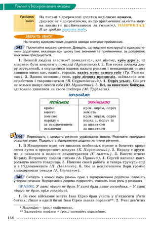 158
Ðå÷åííÿ ç âiäîêðåìëåíèìè ÷ëåíàìè
Розділові
знаки
Íà ïèñüìі âіäîêðåìëåíі äîäàòêè âèäіëÿєìî êîìàìè.
Äîäàòîê íå âіäîêðåìëþєìî, ÿêùî ïðèéìåííèê çàìіñòü ìîæ-
íà çàìіíèòè ïðèéìåííèêîì çà (âçàìіí). ÍÀÏÐÈÊËÀÄ:
ß öå çðîáëþ çàìіñòü òåáå.
На початку відокремлених додатків завжди виступає прийменник.
Прочитайте виразно речення. Доведіть, що виділені конструкції є відокремле-
ними додатками, вказавши при цьому їхнє значення та прийменники, за допомогою
яких вони приєднуються.
1. Êîæíіé ëþäèíі âëàñòèâî* ïîìèëÿòèñÿ, àëå íіêîìó, êðіì äóðíіâ, íå
âëàñòèâî áóòè âïåðòèì ó ïîìèëöі (Àðіñòîòåëü). 2. Âіí ñòîÿâ ïîñåðåä äâî-
ðó çñóòóëåíèé, ç îïóùåíèìè âçäîâæ ïàëüòà ðóêàìè і íåâèäþùèìè î÷èìà
äèâèâñÿ ìèìî õàò, ñàäêіâ, ãîðîäіâ, íàâіòü ìèìî ñàìîãî ñåáå (Ãð. Òþòþí-
íèê). 3. Çäàâíà ìåøêàíöі ñåëà, êðіì ëіñîâèõ ïðîìèñëіâ, çàéìàëèñÿ çåì-
ëåðîáñòâîì і òâàðèííèöòâîì (Â. Ñêóðàòіâñüêèé). 4. Îïðі÷ óñüîãî, Ñîêðàò
íå âåëüìè øàíóє ñàìîãî ñåáå (Þ. Ìóøêåòèê). 5. Âñі, çà âèíÿòêîì Áîé÷óêà,
çäèâîâàíî äèâèëèñÿ íà ñâîãî øêіïåðà (Ì. Òðóáëàїíі).
ПОРІВНЯЙМО:
РОСІЙСЬКОЮ УКРАЇНСЬКОЮ
êðîìå
âìåñòî
ïîìèìî
íàðÿäó ñ
çà èñêëþ÷åíèåì
èñêëþ÷àÿ
êðіì, îêðіì, îïðі÷
çàìіñòü
êðіì, îêðіì, îïðі÷
ïîðÿä ç, ïîðó÷ іç
çà âèíÿòêîì
çà âèíÿòêîì
Перекладіть і запишіть речення українською мовою. Розставте пропущені
розділові знаки. Підкресліть відокремлені додатки як члени речення.
1. Â Ìåùåðñêîì êðàå íåò íèêàêèõ îñîáåííûõ êðàñîò è áîãàòñòâ êðîìå
ëåñîâ ëóãîâ è ïðîçðà÷íîãî âîçäóõà (Ê. Ïàóñòîâñêèé). 2. Íàðÿäó ñ äðóãè-
ìè ÿ îêàçàëñÿ â êîëîííå äåìîíñòðàíòîâ (Ñ ãàçåòû). 3. Âìåñòî îòâåòà
Êèðèëó Ïåòðîâè÷ó ïîäàëè ïèñüìî (À. Ïóøêèí). 4. Ñåðãåé íàïèñàë êîíò-
ðîëüíóþ âìåñòî òîâàðèùà. 5. Ïîìèìî ñâîåé ðàáîòû ÿ òåïåðü òðóæóñü åùё
è â Ðàäèîêîìèòåòå (Ï. Ïàâëåíêî). 6. Âñå çà èñêëþ÷åíèåì Âàðè ãðîìêî
àïëîäèðîâàëè ïåâöàì (À. Ñòåïàíîâ).
Складіть з кожної пари речень одне з відокремленим додатком. Запишіть
утворені речення. Відокремлені додатки підкресліть, поясніть їхню роль у реченнях.
ÇÐÀÇÎÊ. Ó õàòі íіêîãî íå áóëî. Ó õàòі áóëà ëèøå ãîñïîäèíÿ. – Ó õàòі
íіêîãî íå áóëî, êðіì ãîñïîäèíі.
1. Çà ñâîє âіéñüêîâå æèòòÿ Іâàí Ñіðêî áðàâ ó÷àñòü ó ï’ÿòäåñÿòè ï’ÿòè
áèòâàõ. Ëèøå â îäíіé áèòâі Іâàí Ñіðêî çàçíàâ ïîðàçêè**. 2. Ó÷íі äåâ’ÿòèõ
* Âëàñòèâî – (ðîñ.) ñâîéñòâåííî.
** Çàçíàâàòè ïîðàçêè – (ðîñ.) ïîòåðïåòü ïîðàæåíèå.
343
344
345
 