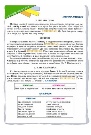 ГОВОРІМО ПРАВИЛЬНО
ÕÂÈËÈÍÓ ÒÎÌÓ
Íåðіäêî ÷óєìî é ÷èòàєìî âèñëîâëåííÿ ç êіëüêіñíèìè óòî÷íþâà÷àìè íà-
çàä і òîìó íàçàä íà çðàçîê «Öå áóëî äâà ðîêè íàçàä»; «Âіí çàáóâ, ùî
äóìàâ õâèëèíó òîìó íàçàä». Íàòîìіñòü ïîòðіáíî âæèâàòè ñëîâî òîìó ïіñ-
ëÿ ñëіâ ç êіëüêіñíèì çíà÷åííÿì. ÍÀÏÐÈÊËÀÄ: Öå áóëî äâà ðîêè òîìó;
Âіí çàáóâ, ùî äóìàâ õâèëèíó òîìó.
ßÊ ÏÎÅÒ
Ñïîëóêà â ÿêîñòі êîãîñü (÷îãîñü) є «ñóðæèêîâèì âèòâîðîì», ÿêèé çà-
ñòóïàє óêðàїíñüêі ãðàìàòè÷íі ôîðìè. ÍÀÏÐÈÊËÀÄ: ó ÿêîñòі ïîåòà. Çàìіñòü
ñïîëóêè â ÿêîñòі ïîòðіáíî âæèâàòè ãðàìàòè÷íі ôîðìè, ÿêі âіäáèâàþòü
óêðàїíñüêó ëіòåðàòóðíó íîðìó. Äî íèõ íàëåæàòü ñïîëó÷íèê ÿê, ñïîëóêè
â ðîëі é ó ôóíêöії. ÍÀÏÐÈÊËÀÄ: Øåâ÷åíêà ìîæíà ðîçãëÿäàòè ÿê ïîåòà
íàöіîíàëüíîãî âіäðîäæåííÿ; Øåâ÷åíêî ç’ÿâèâñÿ íà ãîðèçîíòі òîãî÷àñíèõ
ïåðåä÷óòòіâ і ñïîäіâàíü ó ðîëі ðîìàíòè÷íîãî âèçâîëèòåëÿ.
Çàçíà÷åíі íîðìàòèâíі êîíñòðóêöії ôóíêöіîíóþòü ó ðіçíèõ ìîâíèõ ñòèëÿõ.
Ñïîëóêó æ ó ÿêîñòі âèòâîðåíî ïіä âïëèâîì ðîñіéñüêîãî â êà÷åñòâå. Âîíà
ïåðåáóâàє ïîçà ëіòåðàòóðíèìè íîðìàìè íàøîї ìîâè (Çà І. Âèõîâàíöåì).
Є, À ÍÅ ßÂËßЄÒÜÑß
Є – ôîðìà òåïåðіøíüîãî ÷àñó äієñëîâà áóòè. Ó ôóíêöії çâ’ÿçêè ñëîâî є
÷àñòî (îñîáëèâî â óñíîìó ìîâëåííі) ïîìèëêîâî çàìіíþþòü ñëîâîì ÿâëÿòè-
ñÿ. Ïðîòå ëåêñåìó ÿâëÿòèñÿ â ñó÷àñíіé ëіòåðàòóðíіé ìîâі âæèâàþòü òіëü-
êè â çíà÷åííі ââèæàòèñÿ óâі ñíі, ïіä ÷àñ ìàðåííÿ. ÍÀÏÐÈÊËÀÄ: Óâі ñíі
ìåíі ÿâèëèñü äâі áîãèíі (І. Ôðàíêî). ПОРІВНЯЙМО:
ПРАВИЛЬНО НЕПРАВИЛЬНО
Ìіé áðàò є êåðіâíèêîìє Ìіé áðàò ÿâëÿєòüñÿ êåðіâíèêîì
АНТИСУРЖИК
ПРАВИЛЬНО НЕПРАВИЛЬНО
òðàïëÿþòüñÿ ïîìèëêè
íå íàäèâóєøñÿ
çàâäàòè øêîäè
áðàòè ó÷àñòü
äîêëàñòè çóñèëü
ñïàäàє íà äóìêó
âïàäàòè â î÷і
çóñòðі÷àþòüñÿ ïîìèëêè
äèâó äàєøñÿ
íàíåñòè øêîäè
ïðèéìàòè ó÷àñòü
ïðèêëàñòè çóñèëü
ïðèõîäèòü íà äóìêó
êèäàòèñÿ â î÷і
 