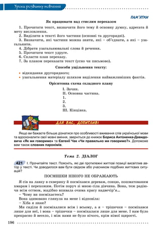 196
Óðîêè ðîçâèòêó ìîâëåííÿ
ПАМ’ЯТКИ
ßê ïðàöþâàòè íàä ñòèñëèì ïåðåêàçîì
1. Ïðî÷èòàòè òåêñò, âèçíà÷èòè éîãî òåìó é îñíîâíó äóìêó, àäðåñàòà é
ìåòó âèñëîâëåííÿ.
2. Âèäіëèòè â òåêñòі éîãî ÷àñòèíè (îñíîâíі òà äðóãîðÿäíі).
3. Âèçíà÷èòè, ÿêі ÷àñòèíè ìîæíà çíÿòè, ÿêі – îá’єäíàòè, à ÿêі – óçà-
ãàëüíèòè.
4. Äіáðàòè óçàãàëüíþâàëüíі ñëîâà é ðå÷åííÿ.
5. Ïðî÷èòàòè òåêñò óäðóãå.
6. Ñêëàñòè ïëàí ïåðåêàçó.
7. Çà ïëàíîì ïåðåêàçàòè òåêñò (óñíî ÷è ïèñüìîâî).
Ñïîñîáè óùіëüíåííÿ òåêñòó:
 âіäêèäàííÿ äðóãîðÿäíîãî;
 óçàãàëüíåííÿ ìàòåðіàëó øëÿõîì âèäіëåííÿ íàéâàæëèâіøèõ ôàêòіâ.
Îðієíòîâíà ñõåìà ñêëàäíîãî ïëàíó
І. Çà÷èí.
ІІ. Îñíîâíà ÷àñòèíà.
1.
2.
3.
ІІІ. Êіíöіâêà.
Якщо ви бажаєте більше дізнатися про особливості вживання слів української мови
та вдосконалити свої мовні вміння, зверніться до книжок Бориса Антоненка-Давидо-
вича «Як ми говоримо» та Євгенії Чак «Чи правильно ми говоримо?». Допоможе
вам також словник паронімів.
Òåìà 2. ÄІÀËÎÃ
І. Прочитайте текст. Поясніть, які дві протилежні життєві позиції висвітлив ав-
тор у тексті. Чи доводилося вам бути свідком або учасником подібних життєвих ситу-
ацій?
ÏÎÑÌІØÊÈ ÍІÊÎÃÎ ÍÅ ÎÁÐÀÆÀÞÒÜ
ß ñіâ íà ëàâêó â ñêâåðèêó é ïîñìіõàâñÿ äåðåâàì, ñîíöþ, ïîøìàòîâàíèì
õìàðàì і ïåðåõîæèì. Ïîòіì ïîðó÷ çі ìíîþ ñіëà äіâ÷èíà. Âîíà, òåæ ðàäіþ-
÷è âñіì єñòâîì, æàäіáíî âïèâàëà î÷èìà êðàñó íàäâå÷іð’ÿ…
– ×îìó âè ïîñìіõàєòåñü?
Âîíà çäèâîâàíî ãëÿíóëà íà ìåíå і âіäïîâіëà:
– Õіáà ÿ çíàþ?
Ìè ñèäіëè é ïîñìіõàëèñÿ âñіì і âñüîìó, à ÿ – òðіøå÷êè – ïîñìіõàâñÿ
ëèøå äëÿ íåї, і âîíà – òðіøå÷êè – ïîñìіõàëàñÿ ëèøå äëÿ ìåíå. І íàì áóëî
ïðåêðàñíî é âåñåëî, і ìіæ íàìè íå áóëî íі÷îãî, êðіì íіìîї ùèðîñòі.
421
 