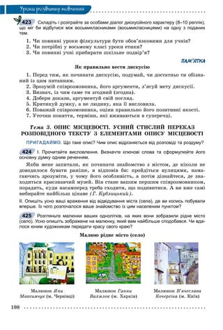 198
Óðîêè ðîçâèòêó ìîâëåííÿ
Складіть і розіграйте за особами діалог дискусійного характеру (8–10 реплік),
що міг би відбутися між восьмикласниками (восьмикласницями) на одну з поданих
тем.
1. ×è ïîâèííі óðîêè ôіçêóëüòóðè áóòè îáîâ’ÿçêîâèìè äëÿ ó÷íіâ?
2. ×è ïîòðіáíі ó âîñüìîìó êëàñі óðîêè åòèêè?
3. ×è ïîâèííі ó÷íі ïðèáèðàòè øêіëüíå ïîäâіð’ÿ?
ПАМ’ЯТКА
ßê ïðàâèëüíî âåñòè äèñêóñіþ
1. Ïåðåä òèì, ÿê ïî÷èíàòè äèñêóñіþ, ïîäóìàé, ÷è äîñòàòíüî òè îáіçíà-
íèé іç öèì ïèòàííÿì.
2. Çðîçóìіé ñïіâðîçìîâíèêà, éîãî àðãóìåíòè, ç’ÿñóé ìåòó äèñêóñії.
3. Âèçíà÷, іç ÷èì ñàìå òè çãîäíèé (çãîäíà).
4. Äîáåðè äîêàçè, àðãóìåíòóé ñâіé ïîãëÿä.
5. Êðèòèêóé äóìêó, à íå ëþäèíó, ÿêà її âèñëîâèëà.
6. Ïîâàæàé ñïіâðîçìîâíèêà, îöіíè ïðàâèëüíî éîãî ïîçèòèâíі ÿêîñòі.
7. Óòî÷íè ïîíÿòòÿ, òåðìіíè, ÿêі âæèâàþòüñÿ â ñóïåðå÷öі.
Òåìà 3. ÎÏÈÑ ÌІÑÖÅÂÎÑÒІ. ÓÑÍÈÉ ÑÒÈÑËÈÉ ÏÅÐÅÊÀÇ
ÐÎÇÏÎÂІÄÍÎÃÎ ÒÅÊÑÒÓ Ç ÅËÅÌÅÍÒÀÌÈ ÎÏÈÑÓ ÌІÑÖÅÂÎÑÒІ
ПРИГАДАЙМО. Що таке опис? Чим опис відрізняється від розповіді та роздуму?
І. Прочитайте висловлення. Визначте ключові слова та сформулюйте його
основну думку одним реченням.
ßêáè ìåíå çàïèòàëè, ÿê ïî÷èíàòè çíàéîìñòâî ç ìіñòîì, äå íіêîëè íå
äîâîäèëîñÿ áóâàòè ðàíіøå, ÿ âіäïîâіâ áè: ïðîéäіòüñÿ âóëèöÿìè, íàìà-
ãàþ÷èñü çðîçóìіòè, ó ÷îìó éîãî îñîáëèâіñòü, à ïîòіì äіçíàéòåñÿ, äå çíà-
õîäèòüñÿ êðàєçíàâ÷èé ìóçåé. Âіí ñòàíå âàøèì ïåðøèì ñïіâðîçìîâíèêîì,
ïîðàäèòü, êóäè íàñàìïåðåä òðåáà ñõîäèòè, ùî ïîäèâèòèñÿ. À âè âæå ñàìі
âèáèðàéòå íàéáіëüø öіêàâå (Ã. Êóáëèöüêèé).
ІІ. Опишіть усно ваші враження від відвідування міста (села), де ви колись побували
вперше. Із чого розпочалося ваше знайомство із цим населеним пунктом?
Розгляньте малюнки ваших однолітків, на яких вони зобразили рідне місто
(село). Усно опишіть зображене на малюнку, який вам найбільше сподобався. Чи вда-
лося юним художникам передати красу свого краю?
Ìàëþþ ðіäíå ìіñòî (ñåëî)
Ìàëþíîê ßíè
Ìàêñèì÷óê (ì. ×åðíіâöі)
Ìàëþíîê Ãàííè
Âàõìëîê (ì. Õàðêіâ)
Ìàëþíîê Â’ÿ÷åñëàâà
Êî÷åðãіíà (ì. Êèїâ)
423
424
425
 