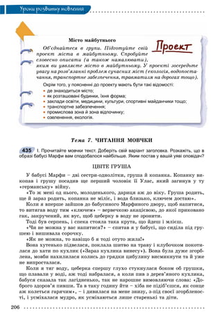206
Óðîêè ðîçâèòêó ìîâëåííÿ
Ìіñòî ìàéáóòíüîãî
Îá’єäíàéòåñÿ â ãðóïè. Ïіäãîòóéòå ñâіé
ïðîåêò ìіñòà â ìàéáóòíüîìó. Ñïðîáóéòå
ñëîâåñíî îïèñàòè (à òàêîæ íàìàëþâàòè),
ÿêèì âè óÿâëÿєòå ìіñòî â ìàéáóòíüîìó. Ó ïðîåêòі çîñåðåäüòå
óâàãó íà ðîçâ’ÿçàííі ïðîáëåì ñó÷àñíèõ ìіñò (åêîëîãіÿ, âîäîïîñòà-
÷àííÿ, òðàíñïîðòíå çàáåçïå÷åííÿ, òðàâìàòèçì íà äîðîãàõ òîùî).
Окрім того, у поясненні до проекту мають бути такі відомості:
 де знаходиться місто;
 як розташовані будинки, їхня форма;
 заклади освіти, медицини, культури, спортивні майданчики тощо;
 транспортне забезпечення;
 промислова зона й зона відпочинку;
 озеленення, екологія.
Òåìà 7. ×ÈÒÀÍÍß ÌÎÂ×ÊÈ
І. Прочитайте мовчки текст. Доберіть свій варіант заголовка. Розкажіть, що в
образі бабусі Марфи вам сподобалося найбільше. Яким постав у вашій уяві оповідач?
ÖÂІÒÅ ÃÐÓØÀ
Ó áaáyci Ìàðôè – äâі ñåñòðè-îäíîëіòêè, ãðóøà é êîïàíêà. Êîïàíêó âè-
êîïàâ i ãðóøó ïîñàäèâ ùå ïåðøèé ÷îëîâіê її Óëàñ, ÿêèé çàãèíóâ ó òó
«ãåðìàíñüêó» âіéíó.
«Òî æ ìåíі îä íüîãî, ìîëîäåíüêîãî, äàðèöÿ àæ äî âіêó. Ãðóøà ðîäèòü,
ùå é çàðàç ðîäèòü, êîïàíêà íå ìіëіє, i âîäà áëèçüêî, êëþ÷åì äîñòàþ».
Êîëè ÿ âïåðøå çàéøîâ äî áàáóñèíîãî Ìàðôèíîãî äâîðó, ùîá íàïèòèñÿ,
òî âèòÿãàâ âîäó òèì «êëþ÷åì» – âåðâå÷êîþ àêàöієâîþ, äî ÿêîї ïðèêîâàíî
ãàê, çàêðó÷åíèé, ÿê âóñ, ùîá öåáåðêó â âîäó íå çðîíèòè.
Òîäі áóâ ñåðïåíü, i ñïåêà ñòîÿëà òàêà êðóòà, ùî éäåø i ìëієø.
«×è íå ìîæíà ó âàñ íàïèòèñÿ?» – ñïèòàâ ÿ ó áaáyci, ùî ñèäіëà ïіä ãðó-
øåþ i âèøèâàëà ñîðî÷êó.
«ßê íå ìîæíà, òî íàâіùî á ÿ òîäі îòóòî æèëà!»
Âîíà õóòåíüêî ïіäâåëàñÿ, ïîêëàëà øèòâî íà òðàâó i êëóáî÷êîì ïîêîòè-
ëàñÿ äî õàòè ïî êóõëèê («Çàðàç êóõëèêà âèíåñó»). Âîíà áóëà äóæå çãîðá-
ëåíà, ìîâáè íàõèëèëàñÿ êîëèñü äî ãðÿäêè öèáóëèíó âèñìèêíóòè òà é óæå
íå âèïðîñòàëàñÿ.
Êîëè ÿ òÿã âîäó, öåáåðêà ñïåðøó ãëóõî ñòóêíóëàñÿ áîêîì îá ãðóøêè,
ùî ïëàâàëè ó âîäі, àæ òîäі íàáðàëàñÿ, à êîëè ïèâ ç äåðåâ’ÿíîãî êóõëèêà,
áàáóñÿ ñêàçàëà òàê ëàãіäíåíüêî, òàê íå íàðîøíå âèìîâëÿþ÷è ñëîâà: «Äî-
áðîãî çäîðîâ’ÿ ïèâøè. Òà â òàêó ãîäèíó éòè – xiáa íå ïіäіá’єøñÿ, ÿê ñîíöå
àæ êîëåòüñÿ ãàðÿ÷èì», – i äèâèëàñÿ íà ìåíå çíèçó, ç-ïіä ñâîєї çãîðáëåíîñ-
òі, i óñìіõàëàñÿ ìóäðî, ÿê óñìіõàþòüñÿ ëèøå ñòàðåíüêі òà äіòè.
435
 