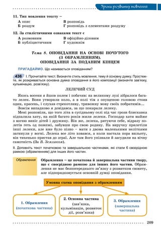 Óðîêè ðîçâèòêó ìîâëåííÿÓ
11. Òèï ìîâëåííÿ òåêñòó –
À îïèñ Â ðîçïîâіäü
Á ðîçäóì Ã ðîçïîâіäü ç åëåìåíòàìè ðîçäóìó
12. Çà ñòèëіñòè÷íèìè îçíàêàìè òåêñò є
À ðîçìîâíèì Â îôіöіéíî-äіëîâèì
Á ïóáëіöèñòè÷íèì Ã õóäîæíіì
Òåìà 8. ÎÏÎÂІÄÀÍÍß ÍÀ ÎÑÍÎÂІ ÏÎ×ÓÒÎÃÎ
(Ç ÎÁÐÀÌËÅÍÍßÌ).
ÎÏÎÂІÄÀÍÍß ÇÀ ÏÎÄÀÍÈÌ ÊІÍÖÅÌ
ПРИГАДАЙМО. Що називається оповіданням?
І. Прочитайте текст. Визначте стиль мовлення, тему й основну думку. Простеж-
те, як розкривається основна думка оповідання в його композиції (визначте зав’язку,
кульмінацію, розв’язку).
ËÅËÅ×ÈÉ ÑÓÄ
ßêîñü âîñåíè ÿ éøîâ ïîëåì і ïîáà÷èâ: íà âåëèêîìó ëóçі çіáðàëîñÿ áàãà-
òî ëåëåê. Âîíè óòâîðèëè êîëî, à â êîëі òіì ç îïóùåíîþ ãîëîâîþ ñòîÿâ
îäèí, êðàñåíü, і ñëóõàâ ñòðåêîòëèâó, òðèâîæíó ìîâó ñâîїõ ïîáðàòèìіâ...
Çîâñіì âèïàäêîâî ÿ äîâіäàâñÿ, çà ùî ïîêàðàëè ëåëåêó.
Ìåíі ðîçïîâіëè, ùî òîãî ëіòà â ñóñіäíüîìó ñåëі ïіä ÷àñ ãðîçè áëèñêàâêà
ïіäïàëèëà õàòó, íà ÿêіé áàãàòî ðîêіâ æèëè ëåëåêè. Ãîñïîäàð õàòè ìàéæå
ç âîãíþ âèíіñ äіòåé і äðóæèíó. Âіí æå, ëåëåêà, ðÿòóþ÷è ñåáå, âіäðàçó ïî-
ëåòіâ ãåòü îä ïîæåæі, çàáóâøè ïðî ñâîþ ðîäèíó. Íà âèðó÷êó ïðèëåòіëè
іíøі ëåëåêè, àëå âæå áóëî ïіçíî – ìàòè ç äâîìà ìàëåíüêèìè íåëіòêàìè
çàãèíóëè ó âîãíі. Ëåëåêà âñå ëіòî õîâàâñÿ, à êîëè íàñòàëà ïîðà âèëüîòó,
âіí òèõåíüêî ïðèñòàâ äî çãðàї. Àëå òàì éîãî óïіçíàëè é çàñóäèëè íà âі÷íó
ñàìîòíіñòü (Çà Â. Çåìëÿêîì).
ІІ. Доповніть текст початковою та завершальною частинами, які стали б своєрідною
рамкою (обрамленням) для інших його частин.
Обрамлення Îáðàìëåííÿ – öå ïî÷àòêîâà é çàâåðøàëüíà ÷àñòèíè òâîðó,
ùî є ñâîєðіäíîþ ðàìêîþ äëÿ іíøèõ éîãî ÷àñòèí. Îáðàì-
ëåííÿ íå ìàє áåçïîñåðåäíüîãî çâ’ÿçêó ç ðîçâèòêîì ñþæåòó,
àëå ïіäïîðÿäêîâóєòüñÿ îñíîâíіé äóìöі îïîâіäàííÿ.
1. Îáðàìëåííÿ
(ïî÷àòêîâà ÷àñòèíà)
2. Îñíîâíà ÷àñòèíà
(çàâ’ÿçêà,
êóëüìіíàöіÿ, ðîçâèòîê
äії, ðîçâ’ÿçêà)
3. Îáðàìëåííÿ
(çàâåðøàëüíà
÷àñòèíà)
Óìîâíà ñõåìà îïîâіäàííÿ ç îáðàìëåííÿì
436
 