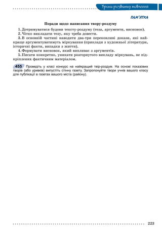 Óðîêè ðîçâèòêó ìîâëåííÿÓ
ПАМ’ЯТКА
Ïîðàäè ùîäî íàïèñàííÿ òâîðó-ðîçäóìó
1.Äîòðèìóâàòèñÿ áóäîâè òåêñòó-ðîçäóìó (òåçà, àðãóìåíòè, âèñíîâîê).
2.×іòêî âèêëàäàòè òåçó, ÿêó òðåáà äîâåñòè.
3.Â îñíîâíіé ÷àñòèíі íàâîäèòè äâà-òðè ïåðåêîíëèâі äîêàçè, ÿêі íàé-
êðàùå àðãóìåíòóâàòèìóòü ìіðêóâàííÿ (ïðèêëàäè ç õóäîæíüîї ëіòåðàòóðè,
іñòîðè÷íі ôàêòè, âèïàäêè ç æèòòÿ).
4.Ôîðìóâàòè âèñíîâîê, ÿêèé âèïëèâàє ç àðãóìåíòіâ.
5.Ïèñàòè êîíêðåòíî, óíèêàòè ðîçãîðíóòîãî âèêëàäó ìіðêóâàíü, íå ïіä-
êðіïëåíèõ ôàêòè÷íèì ìàòåðіàëîì.
Проведіть у класі конкурс на найкращий твір-роздум. На основі показових
творів (або уривків) випустіть стінну газету. Запропонуйте твори учнів вашого класу
для публікації в газетах вашого міста (району).
455
 