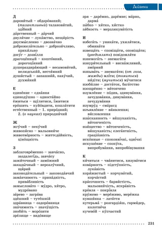 231
Äîäàòêè
Ä
äàðîâèòûé – îáäàðîâàíèé;
(òàëàíòëèâûé) òàëàíîâèòèé,
çäіáíèé
äàðñòâåííûé – äàð÷èé
äâóëè÷èå – ëóêàâñòâî, íåùèðіñòü
äâóñìûñëåííî – äâîçíà÷íî
äîáðîæåëàòåëüíî – äîáðîçè÷ëèâî,
ïðèõèëüíî
äîñóã – äîçâіëëÿ
äðàãîöåííûé – êîøòîâíèé,
äîðîãîöіííèé
äóøåðàçäèðàþùèé – íåñàìîâèòèé,
íåëþäñüêèé, íåñòÿìíèé
äóøèñòûé – çàïàøíèé, ïàõó÷èé,
äóõìÿíèé
Å
åäèíåíèå – єäíàííÿ
åäèíîäóøíî – îäíîñòàéíî
ёæèòüñÿ – ùóëèòèñÿ, їæèòèñÿ
åðîøèòü – êóéîâäèòè, êîøëàòèòè
åñòåñòâåííûé – 1. ïðèðîäíèé;
2. (î íàóêàõ) ïðèðîäíè÷èé
Æ
æãó÷èé – ïåêó÷èé
æèâîïèñíî – ìàëüîâíè÷å
æèâîòâîðíîñòü – æèòòєäàéíіñòü,
öіíîùíіñòü
Ç
çàáëàãîâðåìåííî – çàâ÷àñíî,
çàçäàëåãіäü, çàâ÷àñó
çàæèòî÷íûé – çàìîæíèé
çàêàäû÷íûé – íåðîçëó÷íèé,
ùèðèé
çàêîíîäàòåëüíûé – çàêîíîäàâ÷èé
çàìàí÷èâîñòü – ïðèíàäíіñòü,
ïðèâàáëèâіñòü
çàìûñëîâàòî – ìóäðî, õèòðî,
ìóäðîâàíî
çàðåâî – çàãðàâà
çäåøíèé – òóòåøíіé
çäðàâíèöà – îçäîðîâíèöÿ
çíà÷èìîñòü – çíà÷óùіñòü
çíîáèòü – ìîðîçèòè
çðåëèùå – âèäîâèùå
çðÿ – äàðåìíî, äàðåìíå; ìàðíî,
äàðìà
çûáêî – õèòêî, õèñòêî
çÿáêîñòü – ìåðçëÿêóâàòіñòü
È
èçáåãàòü – óíèêàòè, óõèëÿòèñÿ,
îáìèíàòè
èçâåùàòü – ñïîâіùàòè, îïîâіùàòè;
(óâåäîìëÿòü) ïîâіäîìëÿòè
èçíåìîãàòü – çíåìàãàòè
èçíóðèòåëüíûé – âèñíàæëèâèé,
çìîðíèé
èçíûâàòü – çíåìàãàòè; (îò çíîÿ,
æàæäû) ìëіòè; (òîìèòüñÿ)
íèäіòè; (ìó÷èòüñÿ) ìó÷èòèñÿ
èçîáèëèå – äîñòàòîê, áàãàòñòâî
èçîùðёííî – âèòîí÷åíî
èçóìëåíèå – ïîäèâ, çäèâóâàííÿ,
çà÷óäîâàííÿ, äèâóâàííÿ,
çà÷óäóâàííÿ
èçóìðóä – ñìàðàãä
èçúÿâëåíèå – âèÿâëåííÿ;
âèñëîâëåííÿ
èçûcêàííîñòü – âèøóêàíіñòü,
âèòîí÷åíіñòü
èçÿùåñòâî – âèòîí÷åíіñòü,
âèøóêàíіñòü; åëåãàíòíіñòü,
ãðàöіîçíіñòü
èñêîííûå – ñïîêîíâі÷íі, îäâі÷íі
èñêóøåíèå – ñïîêóñà,
âèïðîáóâàííÿ, âèïðîáîâóâàííÿ
Ê
êè÷èòüñÿ – ÷âàíèòèñÿ, õèçóâàòèñÿ
êîâàðíîñòü – ïіäñòóïíіñòü,
ëóêàâіñòü
êîðÿæèñòûé – êîð÷óâàòèé,
êîð÷àñòèé
êðàñî÷íîñòü – áàðâèñòіñòü,
ìàëüîâíè÷іñòü, ÿñêðàâіñòü
êðîâëÿ – ïîêðіâëÿ
êðóæåâî – ìåðåæèâî, ìåðåæêà
êóâøèíêà – ëàòàòòÿ
êóòåðüìà – ðîçãàðäіÿø, ãàðìèäåð,
êîëîòíå÷à
êó÷åâîé – êóï÷àñòèé
 