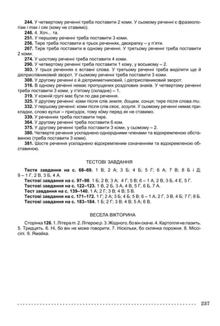 237
244. У четвертому реченні треба поставити 2 коми. У сьомому реченні є фразеоло-
гізм і так і сяк (кому не ставимо).к
246. 4. Хоч... та.
251. У першому реченні треба поставити 3 коми.
256. Тире треба поставити в трьох реченнях, двокрапку – у п’яти.
267. Тире треба поставити в одному реченні. У третьому реченні треба поставити
2 коми.
274. У шостому реченні треба поставити 4 коми.
290. У четвертому реченні треба поставити 1 кому, у восьмому – 2.
303. У трьох реченнях є вставні слова. У третьому реченні треба виділити ще й
дієприслівниковий зворот. У сьомому реченні треба поставити 3 коми.
308. У другому реченні є й дієприкметниковий, і дієприслівниковий зворот.
316. В одному реченні немає пропущених розділових знаків. У четвертому реченні
треба поставити 3 коми, у п’ятому (складне) – 1.
319. У кожній групі має бути по два речення.
325. У другому реченні: коми після слів земля, дощем, сонця; тире після слова ти.
332. У першому реченні: коми після слів своє, зозуля. У сьомому реченні немає при-
кладки, слово вулик – присудок, тому кк îму перед як не ставимо.к
339. У реченнях треба поставити тире.
364. У другому реченні треба поставити 6 ком.
375. У другому реченні треба поставити 3 коми, у сьомому – 2.
380. Четверте речення ускладнено однорідними членами та відокремленою обста-
виною (треба поставити 3 коми).
381. Шосте речення ускладнено відокремленим означенням та відокремленою об-
ставиною.
ТЕСТОВІ ЗАВДАННЯ
Тести завдання на с. 68–69. 1 В; 2 А; 3 Б; 4 Б; 5 Г; 6 А; 7 В; 8 Б і Д;
9 – 1 Г, 2 В, 3 Б, 4 А.
Тестові завдання на с. 97–98. 1 Б; 2 В; 3 А; 4 Г; 5 В; 6 – 1 А, 2 В, 3 Б, 4 Е, 5 Г.
Тестові завдання на с. 122–123. 1 В, 2 Б, 3 А, 4 В, 5 Г, 6 Б, 7 А.
Тест завдання на с. 139–140. 1 А; 2 Г; 3 В; 4 В; 5 В.
Тестові завдання на с. 171–172. 1 Г; 2 А; 3 Б; 4 Б; 5 В; 6 – 1 А, 2 Г, 3 В, 4 Б; 7 Г; 8 Б.
Тестові завдання на с. 183–184. 1 Б; 2 Г; 3 В; 4 В; 5 А; 6 В.
ВЕСЕЛА ВІКТОРИНА
Сторінка126.1.Літерат.2.Літероюр.3.Жодного,бовінскаче.4.Картоплянелазить.
5. Тридцять. 6. Ні, бо він не може говорити. 7. Ніскільки, бо склянка порожня. 8. Міссі-
сіпі. 9. Ямайка.
 
