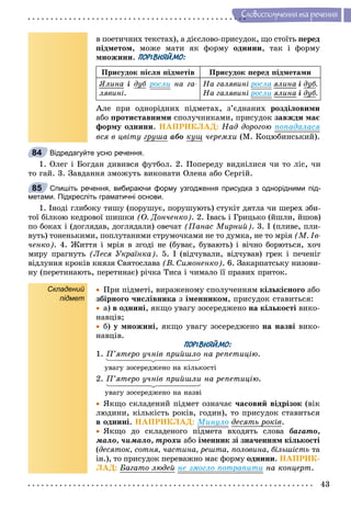 43
Ñëîâîñïîëó÷åííÿ òà ðå÷åííÿ
â ïîåòè÷íèõ òåêñòàõ), à äієñëîâî-ïðèñóäîê, ùî ñòîїòü ïåðåä
ïіäìåòîì, ìîæå ìàòè ÿê ôîðìó îäíèíè, òàê і ôîðìó
ìíîæèíè. ПОРІВНЯЙМО:
Ïðèñóäîê ïіñëÿ ïіäìåòіâ Ïðèñóäîê ïåðåä ïіäìåòàìè
ßëèíà і äóáó ðîñëè íà ãà-
ëÿâèíі.
Íà ãàëÿâèíі ðîñëà ÿëèíà і äóáó .
Íà ãàëÿâèíі ðîñëè ÿëèíà і äóáó .
Àëå ïðè îäíîðіäíèõ ïіäìåòàõ, ç’єäíàíèõ ðîçäіëîâèìè
àáî ïðîòèñòàâíèìè ñïîëó÷íèêàìè, ïðèñóäîê çàâæäè ìàє
ôîðìó îäíèíè. ÍÀÏÐÈÊËÀÄ: Íàä äîðîãîþ ïîïàäàëàñÿ
âñÿ â öâіòó ãðóøà àáî êóù ÷åðåìõè (Ì. Êîöþáèíñüêèé).
Відредагуйте усно речення.
1. Îëåã і Áîãäàí äèâèâñÿ ôóòáîë. 2. Ïîïåðåäó âèäíіëèñÿ ÷è òî ëіñ, ÷è
òî ãàé. 3. Çàâäàííÿ çìîæóòü âèêîíàòè Îëåíà àáî Ñåðãіé.
Спишіть речення, вибираючи форму узгодження присудка з однорідними під-
метами. Підкресліть граматичні основи.
1. Іíîäі ãëèáîêó òèøó (ïîðóøóє, ïîðóøóþòü) ñòóêіò äÿòëà ÷è øåðåõ çáè-
òîї áіëêîþ êåäðîâîї øèøêè (Î. Äîí÷åíêî). 2. Іâàñü і Ãðèöüêî (éøëè, éøîâ)
ïî áîêàõ і (äîãëÿäàâ, äîãëÿäàëè) îâå÷àò (Ïàíàñ Ìèðíèé). 3. І (ïëèâå, ïëè-
âóòü) òîíåíüêèìè, ïîïëóòàíèìè ñòðóìî÷êàìè íå òî äóìêà, íå òî ìðіÿ (Ì. Іâ-
÷åíêî). 4. Æèòòÿ і ìðіÿ â çãîäі íå (áóâàє, áóâàþòü) і âі÷íî áîðþòüñÿ, õî÷
ìèðó ïðàãíóòü (Ëåñÿ Óêðàїíêà). 5. І (âіä÷óâàëè, âіä÷óâàâ) ãðåê і ïå÷åíіã
âіäëóííÿ êðîêіâ êíÿçÿ Ñâÿòîñëàâà (Â. Ñèìîíåíêî). 6. Çàêàðïàòñüêó íèçîâè-
íó (ïåðåòèíàþòü, ïåðåòèíàє) ðі÷êà Òèñà і ÷èìàëî її ïðàâèõ ïðèòîê.
Складений
підмет
 Ïðè ïіäìåòі, âèðàæåíîìó ñïîëó÷åííÿì êіëüêіñíîãî àáî
çáіðíîãî ÷èñëіâíèêà ç іìåííèêîì, ïðèñóäîê ñòàâèòüñÿ:
 à) â îäíèíі, ÿêùî óâàãó çîñåðåäæåíî íà êіëüêîñòі âèêî-
íàâöіâ;
 á) ó ìíîæèíі, ÿêùî óâàãó çîñåðåäæåíî íà íàçâі âèêî-
íàâöіâ.
ПОРІВНЯЙМО:
1. Ï’ÿòåðî ó÷íіâ ïðèéøëî íà ðåïåòèöіþ.
óâàãó çîñåðåäæåíî íà êіëüêîñòі
2. Ï’ÿòåðî ó÷íіâ ïðèéøëè íà ðåïåòèöіþ.
óâàãó çîñåðåäæåíî íà íàçâі
 ßêùî ñêëàäåíèé ïіäìåò îçíà÷àє ÷àñîâèé âіäðіçîê (âіê
ëþäèíè, êіëüêіñòü ðîêіâ, ãîäèí), òî ïðèñóäîê ñòàâèòüñÿ
â îäíèíі. ÍÀÏÐÈÊËÀÄ: Ìèíóëî äåñÿòü ðîêіâ.
 ßêùî äî ñêëàäåíîãî ïіäìåòà âõîäÿòü ñëîâà áàãàòî,
ìàëî, ÷èìàëî, òðîõè àáî іìåííèê çі çíà÷åííÿì êіëüêîñòі
(äåñÿòîê, ñîòíÿ, ÷àñòèíà, ðåøòà, ïîëîâèíà, áіëüøіñòü òà
іí.), òî ïðèñóäîê ïåðåâàæíî ìàє ôîðìó îäíèíè. ÍÀÏÐÈÊ-
ËÀÄ: Áàãàòî ëþäåé íå çìîãëî ïîòðàïèòè íà êîíöåðò.
84
85
 