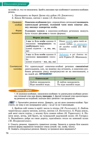 78
Îäíîñêëàäíi ðå÷åííÿ
на особа (я, ти) чи неозначена. Зробіть висновок про особливості означено-особових
речень.
1. Ïðîêèäàþñü íà áåðåçі Äåñíè ïіä äóáîì (Î. Äîâæåíêî).
2. Çåìëÿ Âіò÷èçíè, êâіòíè і æèâè (Ë. Êîñòåíêî).
Означено-
особові
Форми
вираження
Синтаксичні
синоніми
Îçíà÷åíî-îñîáîâèìè (ðîñ.(( îïðåäåëёííî-ëè÷íûìè) íàçèâàþòü
îäíîñêëàäíі ðå÷åííÿ, ãîëîâíèé ÷ëåí ÿêèõ îçíà÷àє äіþ,
ÿêó âèêîíóє êîíêðåòíà îñîáà.
Ãîëîâíèì ÷ëåíîì â îçíà÷åíî-îñîáîâèõ ðå÷åííÿõ ìîæóòü
áóòè òіëüêè äієñëîâà â òàêèõ ôîðìàõ:
Ôîðìè äієñëîâà Ïðèêëàäè
1-øà òà 2-ãà îñîáè îäíèíè é
ìíîæèíè òåïåðіøíüîãî òà
ìàéáóòíüîãî ÷àñó.
(óÿâíі ïіäìåòè – ÿ, òè, ìè,
âè)
Îòàê ïðîéäó êðіçü òâіé âå-
ëèêèé ïîäèâ, íå çà÷åïëþñü
îá ëàãіäíі ñëîâà (Ë. Êîñ-
òåíêî).
1-øà òà 2-ãà îñîáè îäíèíè é
ìíîæèíè íàêàçîâîãî ñïîñî-
áó.
(óÿâíі ïіäìåòè – òè, ìè, âè)
Çàäçâîíè â óñі äçâîíè ïî
âñіé Óêðàїíі (Ò. Øåâ÷åíêî).
Óñі îäíîñêëàäíі îçíà÷åíî-îñîáîâі ðå÷åííÿ ñèíîíіìі÷íі
äâîñêëàäíèì, àëå, íà âіäìіíó âіä îñòàííіõ, â îçíà÷åíî-îñî-
áîâèõ ðå÷åííÿõ óâàãó çîñåðåäæóєìî íå íà âèêîíàâöåâі, à
íà ñàìіé äії. ПОРІВНЯЙМО:
Îäíîñêëàäíі Äâîñêëàäíі
Ëþáëþ ìàíäðóâàòè.
Ïіäè íàïèéñÿ âîäè.
ß ëþáëþ ìàíäðóâàòè.
Òè ïіäè íàïèéñÿ âîäè.
1. В означено-особових, неозначено-особових та узагальнено-особових речен-
нях головний член має форму присудка. 2. Другий головний член односкладно-
му реченню не потрібний, оскільки зміст речення і так зрозумілий.
І. Прочитайте речення вголос. Доведіть, що всі вони означено-особові. Про-
стежте, на чому в них зосереджено увагу – на дії чи на її виконавцеві.
1. Çðîáëþ ñîáі ÷îâíà іç ìðіé і âåñëà іç ïіñåíü (Ì. Ðèëüñüêèé). 2. Ëþáëþ
÷åðíіãіâñüêó äîðîãó âåñíîþ, âëіòêó, âîñåíè (Ë. Êîñòåíêî). 3. Ðіäíà çåìëå,
äàé ìåíі ñíàãè ñêðіçü, ó âñüîìó áóòü ñàìèì ñîáîþ (Â. Òàðàñåíêî). 4. Ïî-
íåñè ìåíå, âå÷іð, ìіé áðàòå, íà ÷óìàöüêèé çàäóìàíèé øëÿõ (Â. Ñîñþðà).
5. Âçóâàéìîñü äîáðå íà ñâîþ äîðîãó, âäÿãàéìîñü òåïëî íà çèìîâèé øëÿõ
(Ì. Âіíãðàíîâñüêèé).
ІІ. Спишіть речення, підкресліть граматичні основи. Зазначте в дужках біля кожного
речення форму вираження головного члена (спосіб, час, особу, число).
ІІІ. Знайдіть спонукальні речення. Вимогу чи прохання вони виражають?
161
 
