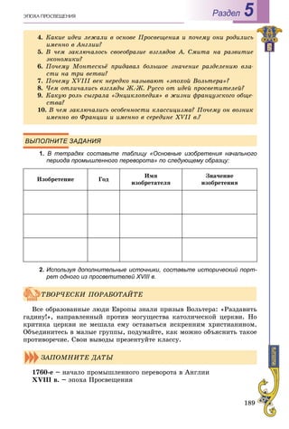 189
Раздел 5
ВЫПОЛНИТЕ ЗАДАНИЯ
1. В тетрадях составьте таблицу «Основные изобретения начальногох
периода промышленного переворота» по следующему образцу:
Èçîáðåòåíèå Ãîä
Èìÿ
èçîáðåòàòåëÿ
Çíà÷åíèå
èçîáðåòåíèÿ
2. Используя дополнительные источники, составьте исторический порт-
рет одного из просветителей ХVIII в.
Âñå îáðàçîâàííûå ëþäè Åâðîïû çíàëè ïðèçûâ Âîëüòåðà: «Ðàçäàâèòü
ãàäèíó!», íàïðàâëåííûé ïðîòèâ ìîãóùåñòâà êàòîëè÷åñêîé öåðêâè. Íî
êðèòèêà öåðêâè íå ìåøàëà åìó îñòàâàòüñÿ èñêðåííèì õðèñòèàíèíîì.
Îáúåäèíèòåñü â ìàëûå ãðóïïû, ïîäóìàéòå, êàê ìîæíî îáúÿñíèòü òàêîå
ïðîòèâîðå÷èå. Ñâîè âûâîäû ïðåçåíòóéòå êëàññó.
1760-å – íà÷àëî ïðîìûøëåííîãî ïåðåâîðîòà â Àíãëèè
XVIII â. – ýïîõà Ïðîñâåùåíèÿ
4. Êàêèå èäåè ëåæàëè â îñíîâå Ïðîñâåùåíèÿ è ïî÷åìó îíè ðîäèëèñü
èìåííî â Àíãëèè?
5. Â ÷åì çàêëþ÷àëîñü ñâîåîáðàçèå âçãëÿäîâ À. Ñìèòà íà ðàçâèòèå
ýêîíîìèêè?
6. Ïî÷åìó Ìîíòåñêüё ïðèäàâàë áîëüøîå çíà÷åíèå ðàçäåëåíèþ âëà-
ñòè íà òðè âåòâè?
7. Ïî÷åìó XVIII âåê íåðåäêî íàçûâàþò «ýïîõîé Âîëüòåðà»?
8. ×åì îòëè÷àëèñü âçãëÿäû Æ.-Æ. Ðóññî îò èäåé ïðîñâåòèòåëåé?
9. Êàêóþ ðîëü ñûãðàëà «Ýíöèêëîïåäèÿ» â æèçíè ôðàíöóçñêîãî îáùå-
ñòâà?
10. Â ÷åì çàêëþ÷àëèñü îñîáåííîñòè êëàññèöèçìà? Ïî÷åìó îí âîçíèê
èìåííî âî Ôðàíöèè è èìåííî â ñåðåäèíå XVII â.?
ÒÂÎÐ×ÅÑÊÈ ÏÎÐÀÁÎÒÀÉÒÅ
ÇÀÏÎÌÍÈÒÅ ÄÀÒÛ
 