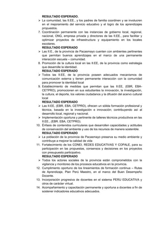 RESULTADO ESPERADO. 
 La comunidad, las II.EE., y los padres de familia coordinen y se involucren en el mejoramiento del servicio educativo y el logro de los aprendizajes propuestos. 
7. Coordinación permanente con las instancias de gobierno local, regional, nacional, ONG, empresa privada y directores de las II.EE., para facilitar y optimizar proyectos de infraestructura y equipamiento en los locales escolares. 
RESULTADO ESPERADO 
 Las II.E., de la provincia de Pacasmayo cuenten con ambientes pertinentes que permitan buenos aprendizajes en el marco de una permanente interacción escuela – comunidad. 
8. Promoción de la cultura local en las II.EE, de la provincia como estrategia que desarrolle la identidad. 
RESULTADO ESPERADO 
 Todos las II.EE, de la provincia poseen adecuados mecanismos de comunicación externa y tienen permanente interacción con la comunidad para promover la identidad local 
9. Establecimiento de medidas que permitan que las II.EE, (EBR, EBA- CETPRO), promocionen en sus estudiantes la innovación, la investigación, la cultura, el deporte, los valores ciudadanos y la difusión del acervo cultural local 
RESULTADO ESPERADO 
 Las II.EE, (EBR, EBA, CETPRO), ofrecen un sólida formación profesional y técnica, basada en la investigación e innovación; contribuyendo así al desarrollo local, regional y nacional. 
 Implementación oportuna y pertinente de talleres técnicos productivos en las II.EE., (EBR. EBA, CETPRO). 
10. Énfasis de contenidos curriculares que desarrollen capacidades y actitudes de conservación del ambiente y uso de los recursos de manera sostenible. 
RESULTADO ESPERADO 
 La población de la provincia de Pacasmayo preserva su medio ambiente y contribuye a mejorar la calidad de vida 
11. Fortalecimiento de los CONEI, REDES EDUCATIVAS Y COPALE, para su participación en las propuestas, consensos y decisiones en los proyectos con presupuesto participativo. 
RESULTADO ESPERADO 
 Todos los actores sociales de la provincia están comprometidos con la vigilancia y monitoreo de los procesos educativos en la provincia. 
12. Cumplimiento oportuno de los lineamientos de formación continua – Rutas de Aprendizaje, Plan Perú Maestro, en el marco del Buen Desempeño Docente. 
13. Incorporación progresiva de docentes en el sistema PERU EDUCATIVA y otros de carácter virtual. 
14. Acompañamiento y capacitación permanente y oportuna a docentes a fin de sostener indicadores educativos adecuados. 
 