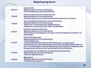 28
Magisterprogramme
08.04.01
Bauwirtschaft
Magisterprogramm für die Vorbereitung:
«Die architektonische Bauwerkstoffkunde»
13.04.02
Elektroenergiewirschaft und Elektrotechnik
Magisterprogramm für die Vorbereitung:
«Автоматизированные электромеханические комплексы и системы»
15.04.02
Die technologischen Maschinen und die Ausrüstung
Magisterprogramm für die Vorbereitung:
«Maschinen und Ausrüstung des Waldkomplexes»
«Maschinen und Ausrüstung des Erdöl und Gasfeldes»
20.04.01
technisch-sphärische Sicherheit
Magisterprogramm für die Vorbereitung:
«Sicherheit der technologischen Prozesse und der Produktionen des Erdöl- und
Gaszweiges»
21.04.01
Erdöl und Erdgaswesen
Magisterprogramm für die Vorbereitung:
«Horizontalbohrung»
«Funktionsfähigkeit der Erdöl und Gasrohrleitungen und Lagerungen»
«Die Entwicklung und Erschließung der Vorkommen des Kohlenwasserstoffs von
den horizontalen Spalten unter den Bedingungen des arktischen Festlandsockels»
«Aneignung der Ressourcen der hochviskosen Erdöl und Bitumen»
35.04.02
Technologien des Forstbetriebs und Holzverarbeitungsbetrieben
Magisterprogramm für die Vorbereitung:
«Holz und Ingenieurwesen»
38.04.02
Management
Magisterprogramm für die Vorbereitung:
«Produktionsmanagement»
 