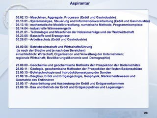 29
Aspirantur
05.02.13 - Maschinen, Aggregate, Processor (Erdöl und Gasindustrie)
05.13.01 - Systemanalyse, Steuerung und Informationsverarbeitung (Erdöl und Gasindustrie)
05.13.18 - mathematische Modellvorstellung, numerische Methode, Programmkomplexe
05.14.04 - industrielle Wärmeenergetik
05.21.01 - Technologie und Maschinen der Holzeinschläge und der Waldwirtschaft
05.23.05 - Baustoffe und Erzeugnisse
05.26.01 - Arbeitsschutz (Erdöl und Gasindustrie)
08.00.05 - Betriebswirtschaft und Wirtschaftsführung
(je nach der Brache und je nach den Bereichen)
einschließlich: Wirtschaft, Organisation und Verwaltung der Unternehmen;
regionale Wirtschaft; Bevölkerungsökonomie und Demographie)
25.00.09 - Geochemie und geochemische Methodik der Prospektion der Bodenschätze
25.00.11 - Geologie, geochemische Methoden der Prospektion der festen Bodenschätze
25.00.15 - Bohrtechnologie und Inproduktionssetzung der Sonden
25.00.16 - Bergbau, Erdöl und Erdgasgeologie, Geophysik, Markscheidewesen und
Geometrie des Erdinneren
25.00.17 - Ausarbeitung und Ausbeutung der Erdöl und Erdgasvorkommen
25.00.19 - Bau und Betrieb der Erdöl und Erdgaspipelines und Lagerungen
 