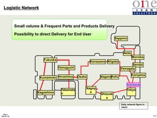 109
Rev 4
Feb 5th, 04
Logistic Network
Small volume & Frequent Parts and Products Delivery
Possibility to direct Delivery for End User
Kanazawa Niigata
Sapporo
Kagoshima
Yamaguchi
Sendai
Yamagata
Koriyama
Osaka
Takamats
u
Nagano
Nagoy
a
Shizuok
a
Kofu
Akita
Morioka
Tokyo
SLR-Ibaraki
Daily network figure in
Japan
Fukuoka
Kumamoto Hiroshima
 