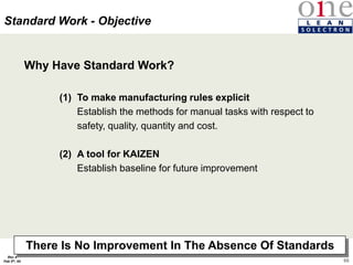 66
Rev 4
Feb 5th, 04
Why Have Standard Work?
(1) To make manufacturing rules explicit
Establish the methods for manual tasks with respect to
safety, quality, quantity and cost.
(2) A tool for KAIZEN
Establish baseline for future improvement
Standard Work - Objective
There Is No Improvement In The Absence Of Standards
 