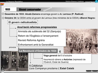 1933 Bienni conservador 7 Desembre de 1933:  Alcalà Zamora  encarrega govern a  A. Lerroux (P. Radical) Octubre 34:  la CEDA entra al govern de Lerroux (tres ministres de la CEDA)  «Bienni Negre» El govern radicalcedista Anul·lació reformes progressistes Amnistia als sublevats del 32 (Sanjurjo) Retorn de l’Església a l’ensenyament Revisió Reforma Agrària Enfrontament amb la Generalitat La Revolució d’Octubre de 1934 Vaga general  del 5 d’octubre Insurrecció obrera a  Astúries  (repressió de l’Exèrcit, Estat de Guerra) A Catalunya Lluís Companys proclama L’ Estat Català provoca Eleccions  