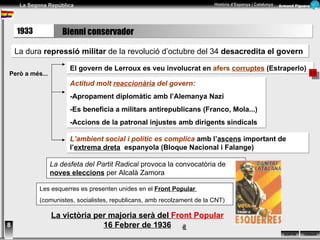 1933 Bienni conservador 8 La  dura  repressió militar  de la revolució d’octubre del 34  desacredita el govern El govern de Lerroux es veu involucrat en  afers  corruptes  (Estraperlo) Actitud molt  reaccionària  del govern: -Apropament diplomàtic amb l’Alemanya Nazi -Es beneficia a militars antirepublicans (Franco, Mola...) -Accions de la patronal injustes amb dirigents sindicals L’ambient social i polític es complica  amb l’ ascens  important de l’ extrema dreta   espanyola (Bloque Nacional i Falange) Però a més... La desfeta del Partit Radical  provoca  la convocatòria de  noves eleccions  per Alcalà Zamora Les esquerres es presenten unides en el  Front Popular  (comunistes, socialistes, republicans, amb recolzament de la CNT) La victòria per majoria serà del  Front Popular  16 Febrer de 1936 