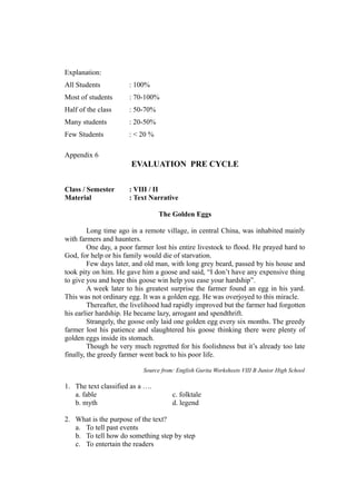 Explanation:
All Students : 100%
Most of students : 70-100%
Half of the class : 50-70%
Many students : 20-50%
Few Students : < 20 %
Appendix 6
EVALUATION PRE CYCLE
Class / Semester : VIII / II
Material : Text Narrative
The Golden Eggs
Long time ago in a remote village, in central China, was inhabited mainly
with farmers and haunters.
One day, a poor farmer lost his entire livestock to flood. He prayed hard to
God, for help or his family would die of starvation.
Few days later, and old man, with long grey beard, passed by his house and
took pity on him. He gave him a goose and said, “I don’t have any expensive thing
to give you and hope this goose win help you ease your hardship”.
A week later to his greatest surprise the farmer found an egg in his yard.
This was not ordinary egg. It was a golden egg. He was overjoyed to this miracle.
Thereafter, the livelihood had rapidly improved but the farmer had forgotten
his earlier hardship. He became lazy, arrogant and spendthrift.
Strangely, the goose only laid one golden egg every six months. The greedy
farmer lost his patience and slaughtered his goose thinking there were plenty of
golden eggs inside its stomach.
Though he very much regretted for his foolishness but it’s already too late
finally, the greedy farmer went back to his poor life.
Source from: English Gurita Worksheets VIII B Junior High School
1. The text classified as a ….
a. fable c. folktale
b. myth d. legend
2. What is the purpose of the text?
a. To tell past events
b. To tell how do something step by step
c. To entertain the readers
 
