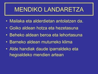 MENDIKO LANDARETZA Mailaka eta alderdietan antolatzen da. Goiko aldean hotza eta hezetasuna Beheko aldean beroa eta lehortasuna Barneko aldean muturreko klima Alde handiak daude iparraldeko eta hegoaldeko mendien artean 