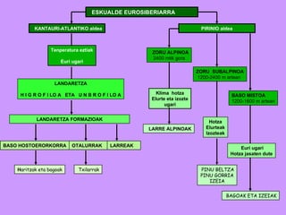 ESKUALDE EUROSIBERIARRA KANTAURI-ATLANTIKO aldea PIRINIO aldea Tenperatura eztiak Euri ugari LANDARETZA H I G R O F I LO A  ETA  U N B R O F I LO A BASO HOSTOERORKORRA H aritzak eta bagoak LANDARETZA FORMAZIOAK OTALURRAK LARREAK Txilarrak ZORU ALPINOA 2400 mtik gora ZORU  SUBALPINOA 1200-2400 m artean BASO MISTOA 1200-1600 m artean Klima  hotza Elurte eta izozte ugari LARRE ALPINOAK Hotza Elurteak Izozteak PINU BELTZA PINU GORRIA IZEIA Euri ugari Hotza jasaten dute BAGOAK ETA IZEIAK 