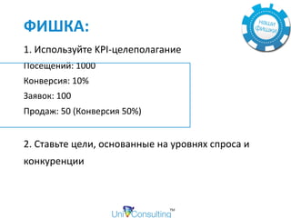 ФИШКА:			
1.	Используйте	KPI-целеполагание		
Посещений:	1000		
Конверсия:	10%			
Заявок:	100		
Продаж:	50	(Конверсия	50%)	 
2.	Ставьте	цели,	основанные	на	уровнях	спроса	и	
конкуренции		
 