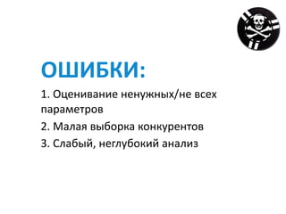 ОШИБКИ:		
1.	Оценивание	ненужных/не	всех	
параметров	
2.	Малая	выборка	конкурентов	
3.	Слабый,	неглубокий	анализ
 