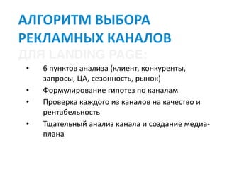 АЛГОРИТМ	ВЫБОРА	
РЕКЛАМНЫХ	КАНАЛОВ		
ДЛЯ LANDING PAGE:
• 6	пунктов	анализа	(клиент,	конкуренты,	
запросы,	ЦА,	сезонность,	рынок)	
• Формулирование	гипотез	по	каналам	
• Проверка	каждого	из	каналов	на	качество	и	
рентабельность	
• Тщательный	анализ	канала	и	создание	медиа-
плана
 
