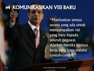 “Manfaatkan semua
sarana yang ada untuk
menyampaikan visi
yang baru kepada
seluruh pegawai.
Ajarkan mereka budaya
kerja yang baru melalui
contoh-contoh.”
17.08.13 8 LANGKAH MEMIMPIN PERUBAHAN - AWANG ANWARUDDIN 5
 