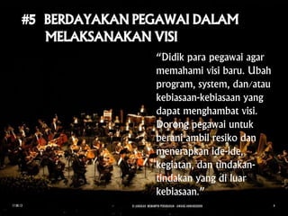 “Didik para pegawai agar
memahami visi baru. Ubah
program, system, dan/atau
kebiasaan-kebiasaan yang
dapat menghambat visi.
Dorong pegawai untuk
berani ambil resiko dan
menerapkan ide-ide,
kegiatan, dan tindakan-
tindakan yang di luar
kebiasaan.”
17.08.13 8 LANGKAH MEMIMPIN PERUBAHAN - AWANG ANWARUDDIN 6
 