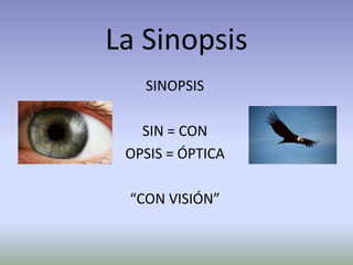 La Sinopsis
SINOPSIS
SIN = CON
OPSIS = ÓPTICA
“CON VISIÓN”
 