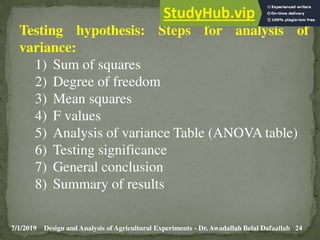 7/1/2019 24
Design and Analysis of Agricultural Experiments - Dr. Awadallah Belal Dafaallah
Testing hypothesis: Steps for analysis of
variance:
1) Sum of squares
2) Degree of freedom
3) Mean squares
4) F values
5) Analysis of variance Table (ANOVA table)
6) Testing significance
7) General conclusion
8) Summary of results
 