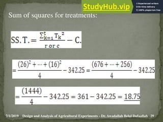 7/1/2019 29
Design and Analysis of Agricultural Experiments - Dr. Awadallah Belal Dafaallah
Sum of squares for treatments:
 