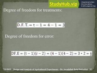 7/1/2019 32
Design and Analysis of Agricultural Experiments - Dr. Awadallah Belal Dafaallah
Degree of freedom for treatments:
Degree of freedom for error:
 