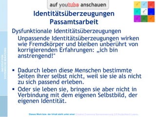 Unterscheidung
Erlebens- und von Verhaltensebene
 Selbsterzählung
 Frisch: Jeder erfindet irgendwann eine
Geschichte, die er für sein Leben hält.
 In jeder Kommunikation:
Identitätsdefinierende Ebene
Bestätigung oder Korrektur des Gewohnten
Inspiration, Bestätigung oder Korrektur des
Möglichen
Geschlechtsidentität, eine seelische
Perspektive
Dieses Werk bzw. der Inhalt steht unter einer Creative Commons Namensnennung 3.0 Deutschland Lizenz.

 