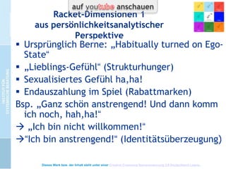 Skriptperspektiven
 Berne ursprünglich:
Skript als Übertragungsdrama










Lebensplan, Lebensdrehbuch
Grundbotschaften (Tradition)
Frühe Überlebensentscheidungen
Magische Vorstellungen (Mythosbildung)
Vulnerabilität (Resilienz )
Vorderbühne- / Hinterbühne
Epi-Skript (hot potatoe) (pos. Delegationen)
Cultural Script (Zeitgeist + kollektives
Unbewußtes)
Dieses Werk bzw. der Inhalt steht unter einer Creative Commons Namensnennung 3.0 Deutschland Lizenz.

 