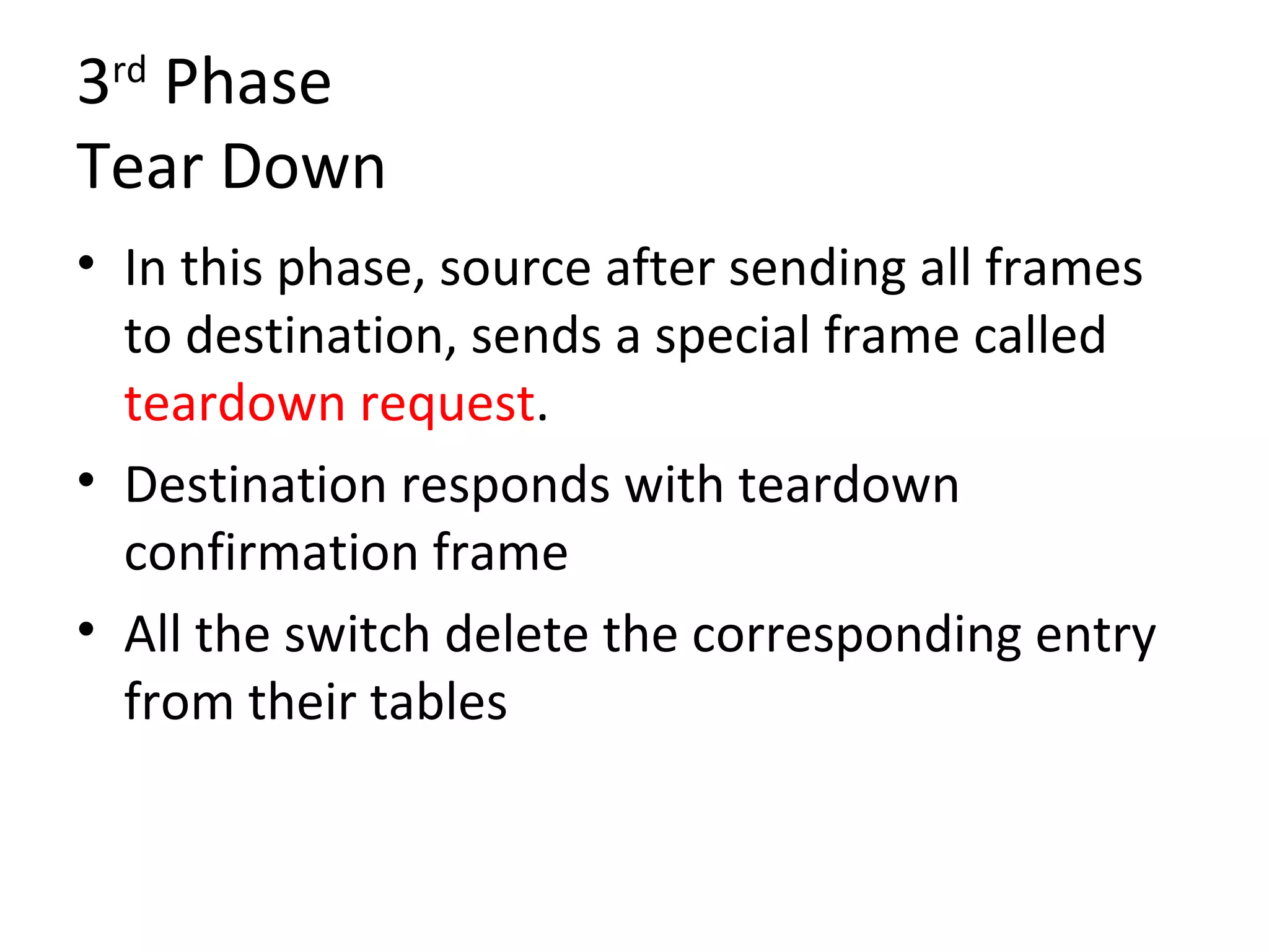 3rd
Phase
Tear Down
• In this phase, source after sending all frames
to destination, sends a special frame called
teardown request.
• Destination responds with teardown
confirmation frame
• All the switch delete the corresponding entry
from their tables
 