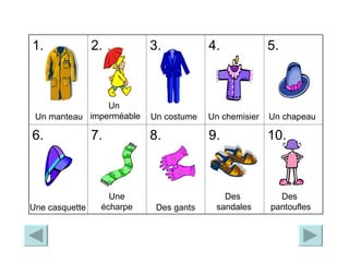 Un manteau Un costume Un chemisier Un chapeau Une casquette Une  écharpe Des gants Des  sandales Des pantoufles Un  imperm éable 1. 2. 3. 4. 5. 6. 7. 8. 9. 10. 
