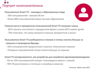 «средняя» покупка
LED 42-47’’, FullHD, 3D, Smart TV
хотят купить второй Smart TV
Источник: Nielsen, июнь 2013
 