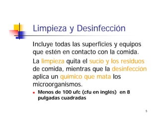 5
Limpieza y Desinfección
Incluye todas las superficies y equipos
que estén en contacto con la comida.
La limpieza quita el sucio y los residuos
de comida, mientras que la desinfección
aplica un químico que mata los
microorganismos.
Menos de 100 ufc (cfu en inglés) en 8
pulgadas cuadradas
 