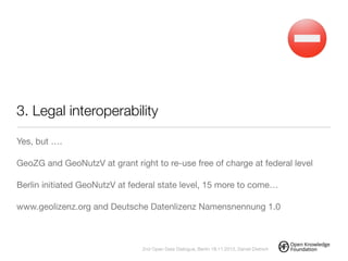 3. Legal interoperability
Yes, but ….

!
GeoZG and GeoNutzV at grant right to re-use free of charge at federal level

!
Berlin initiated GeoNutzV at federal state level, 15 more to come…

!
www.geolizenz.org and Deutsche Datenlizenz Namensnennung 1.0
!
2nd Open Data Dialogue, Berlin 18.11.2013, Daniel Dietrich
 