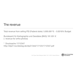 The revenue
Total revenue from selling PSI (Federal state): 5.695.681*€ ~ 0.0018% Budget

!
Bundesamt für Kartographie und Geodäsie (BKG) 181.931 € 

(- revenue for ortho-photos)

!
* Drucksache 17/12347 

http://dip21.bundestag.de/dip21/btd/17/123/1712347.pdf
!
2nd Open Data Dialogue, Berlin 18.11.2013, Daniel Dietrich
 