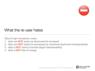 What the re-user hates
Silos & high transaction costs:

1. data can NOT easily be discovered & accessed

2. data can NOT easily be processed by machines (technical interoperability)

3. data is NOT openly licensed (legal interoperability)

4. data is NOT free of charge
!
2nd Open Data Dialogue, Berlin 18.11.2013, Daniel Dietrich
 