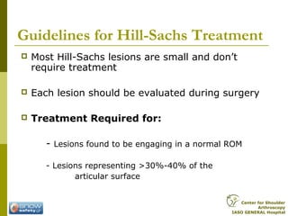 Guidelines for Hill-Sachs Treatment
 Most Hill-Sachs lesions are small and don’t
require treatment
 Each lesion should be evaluated during surgery
 Treatment Required for:
- Lesions found to be engaging in a normal ROM
- Lesions representing >30%-40% of the
articular surface
Center for Shoulder
Arthroscopy
IASO GENERAL Hospital
 