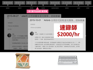📜 ⌨
12/14
正式回應連署成案 背景提供
10/14
釐清訴求
10/20 11/15
期程公告
10/17
專家會議
11/16-12/13 4/14
公告
1/27
修法預告
1份(發不出去的)逐字稿
你離開後，
同事是沒有辦法繼續做的。
Consistency
速錄師
$2000/hr
 