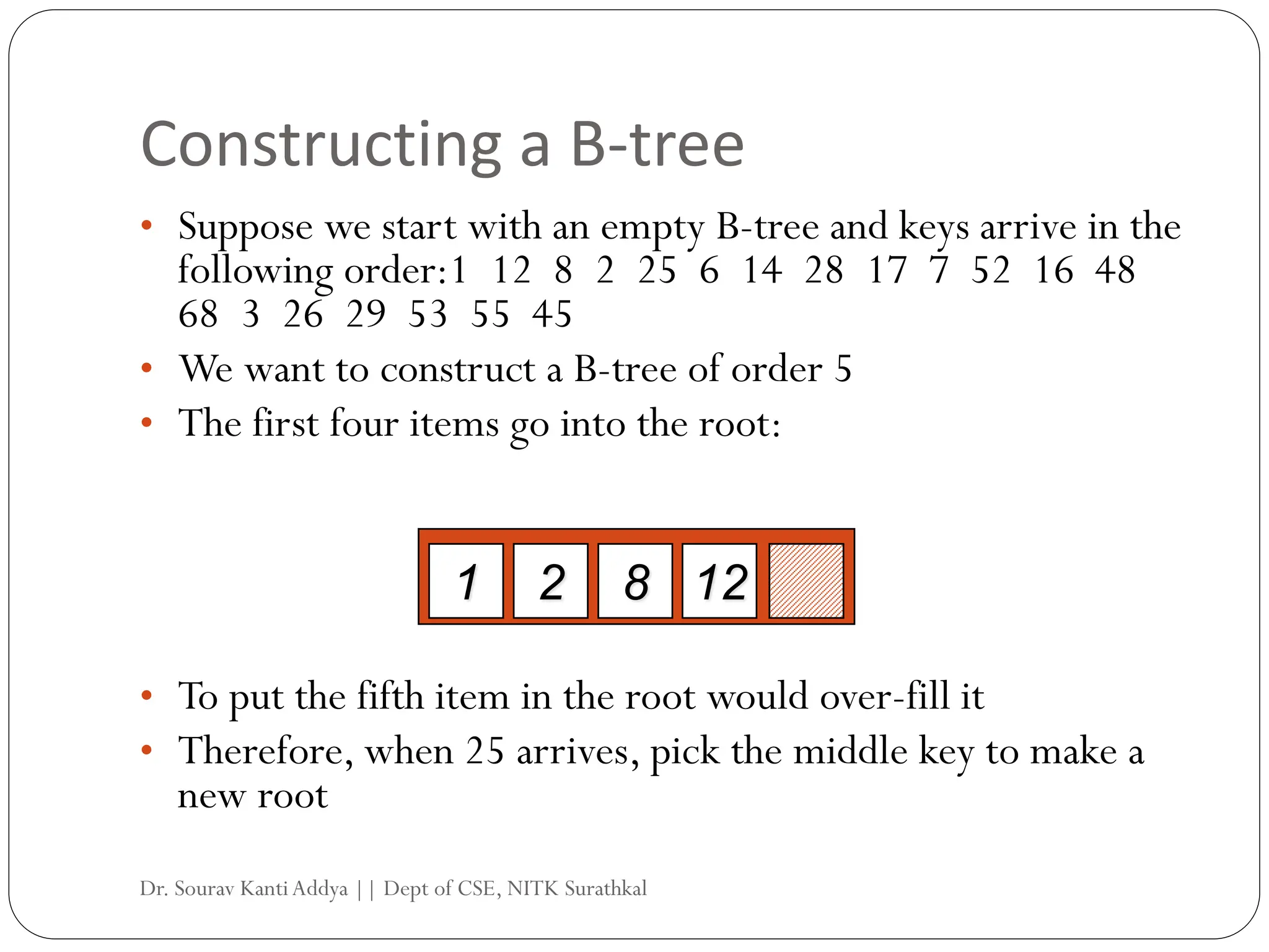 • Suppose we start with an empty B-tree and keys arrive in the
following order:1 12 8 2 25 6 14 28 17 7 52 16 48
68 3 26 29 53 55 45
• We want to construct a B-tree of order 5
• The first four items go into the root:
• To put the fifth item in the root would over-fill it
• Therefore, when 25 arrives, pick the middle key to make a
new root
Constructing a B-tree
12
8
1 2
Dr. Sourav KantiAddya || Dept of CSE, NITK Surathkal
 