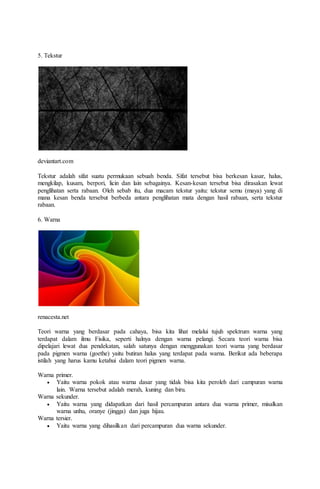 Unsur visual dalam seni rupa dua dimensi yang terbentuk karena hubungan beberapa garis disebut …