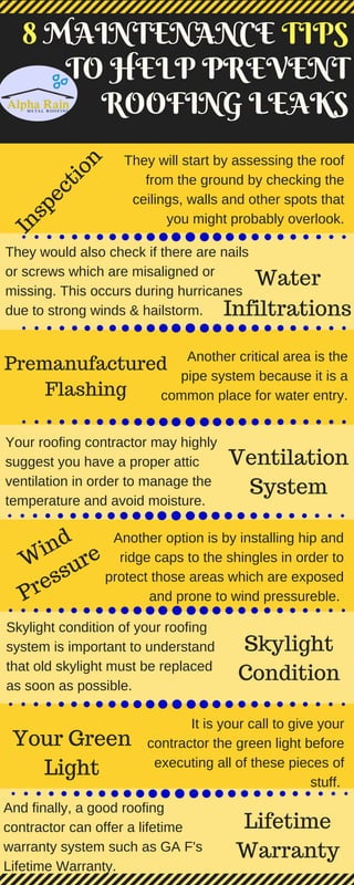 8 MAINTENANCE TIPS
TO HELP PREVENT
ROOFING LEAKS
Inspection
They will start by assessing the roof
from the ground by checking the
ceilings, walls and other spots that
you might probably overlook.
Water
Infiltrations
They would also check if there are nails
or screws which are misaligned or
missing. This occurs during hurricanes
due to strong winds & hailstorm.
Premanufactured
Flashing
Another critical area is the
pipe system because it is a
common place for water entry.
Ventilation
System
Your roofing contractor may highly
suggest you have a proper attic
ventilation in order to manage the
temperature and avoid moisture.
W
ind
Pressure
Another option is by installing hip and
ridge caps to the shingles in order to
protect those areas which are exposed
and prone to wind pressureble.
Skylight
Condition
Skylight condition of your roofing
system is important to understand
that old skylight must be replaced
as soon as possible.
Your Green
Light
It is your call to give your
contractor the green light before
executing all of these pieces of
stuff.
Lifetime
Warranty
And finally, a good roofing
contractor can offer a lifetime
warranty system such as GA F's
Lifetime Warranty.
 