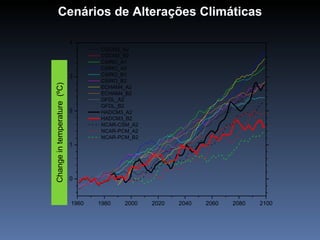 Cenários de Alterações Climáticas

                               4
                                       CGCM2_A2
                                       CGCM2_B2
                                       CSIRO_A1
                                       CSIRO_A2
                               3       CSIRO_B1
                                       CSIRO_B2
   Anomalia Temperatura (ºC)
Change in temperature (ºC)


                                       ECHAM4_A2
                                       ECHAM4_B2
                                       GFDL_A2
                                       GFDL_B2
                               2       HADCM3_A2
                                       HADCM3_B2
                                       NCAR-CSM_A2
                                       NCAR-PCM_A2
                                       NCAR-PCM_B2
                               1




                               0



                               1960   1980    2000   2020   2040   2060   2080   2100
 