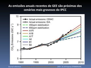 As emissões anuais recentes de GEE são próximas dos
          cenários mais gravosos do IPCC




Journal reference: Proceedings of the National Academy of Sciences (DOI: 10.1073/pnas.0700609104)
 